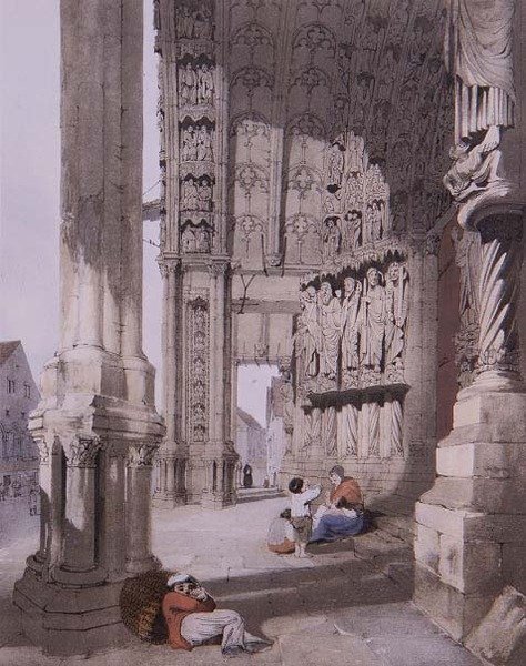 Ganek południowy katedry w Chartres, ilustracja z „Malownicza architektura w Paryżu, Gandawie, Antwerpii, Rouen itd.” przez artystę, wyd. 1839 (lito) autorstwa Thomas Shotter Boys