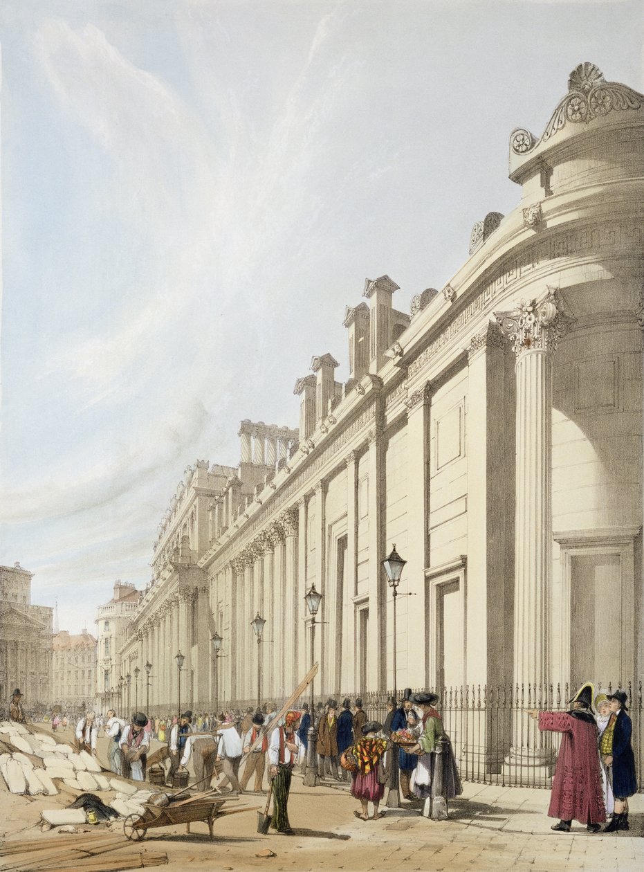 Bank Anglii patrzący w stronę Mansion House, z „London As It Is”, ryty i opublikowany przez artystę, 1842 autorstwa Thomas Shotter Boys