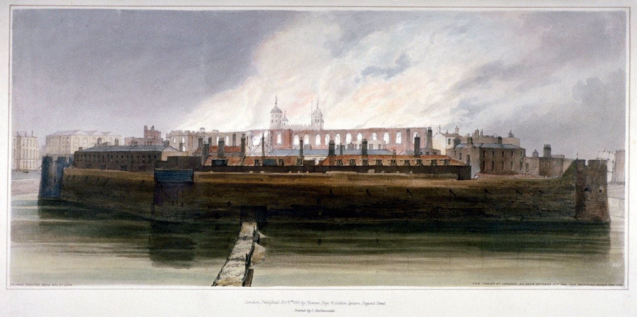 Tower of London rano po pożarze w Zbrojowni 30 października 1841 r autorstwa Thomas Shotter Boys