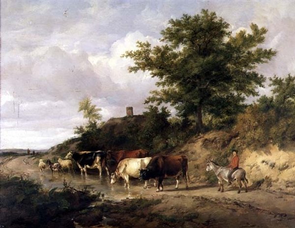 Zalesiony krajobraz z chłopcem na osiołku i bydłem przy brodzie autorstwa Thomas Sidney Cooper