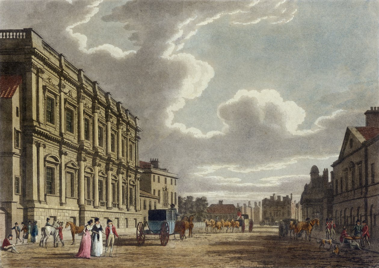 Whitehall, Westminster w Londynie (kolorowa akwatinta) autorstwa Thomas Snr. Malton