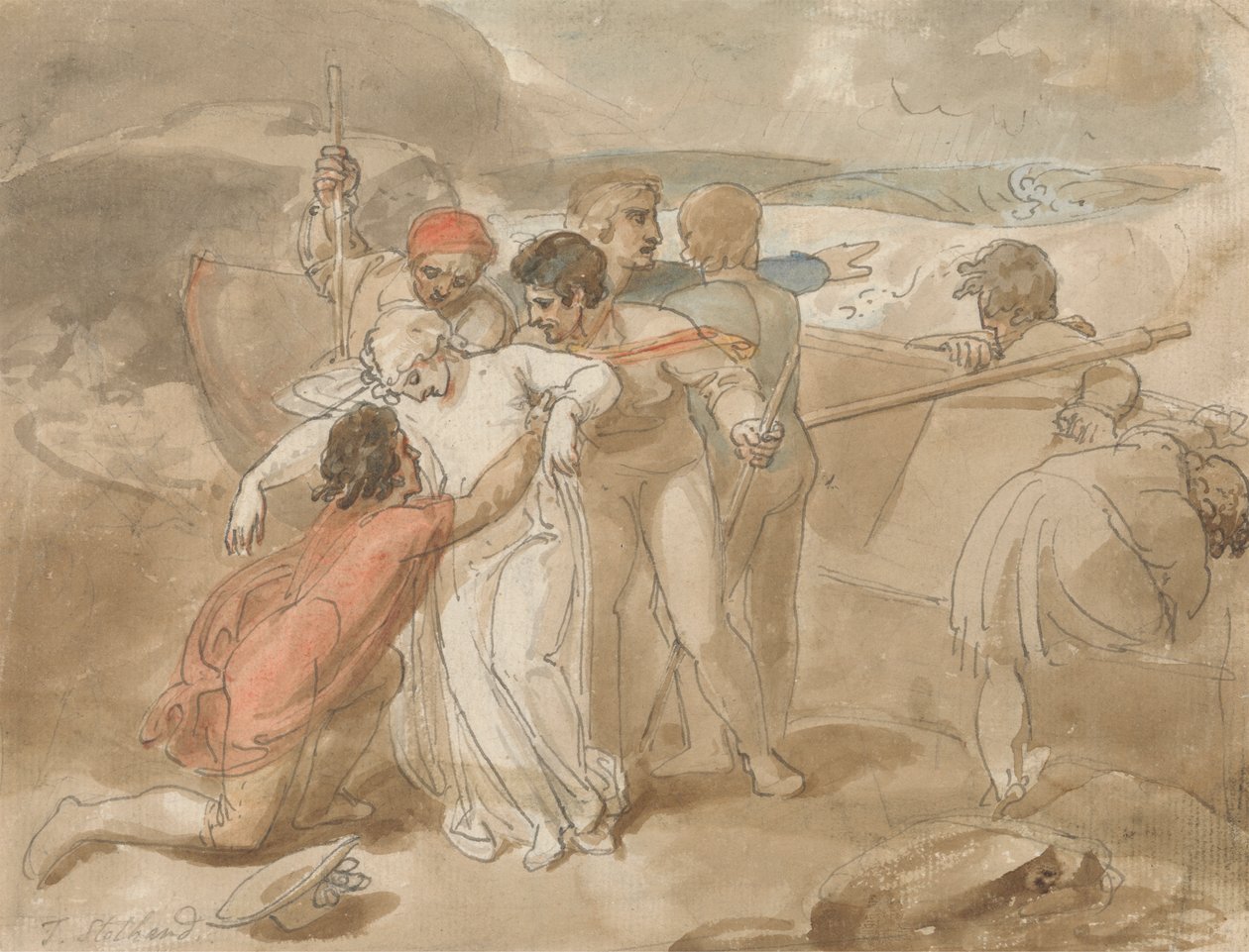Kobieta uratowana z morza i pomocna na lądzie, łódź wiosłowa i ratownicy w tle autorstwa Thomas Stothard