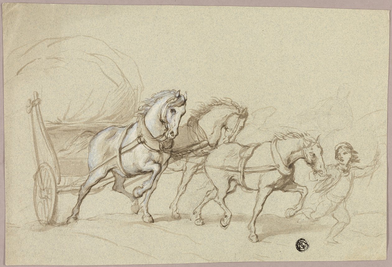 Dziecko prowadzące trzy konie i wóz autorstwa Thomas Stothard