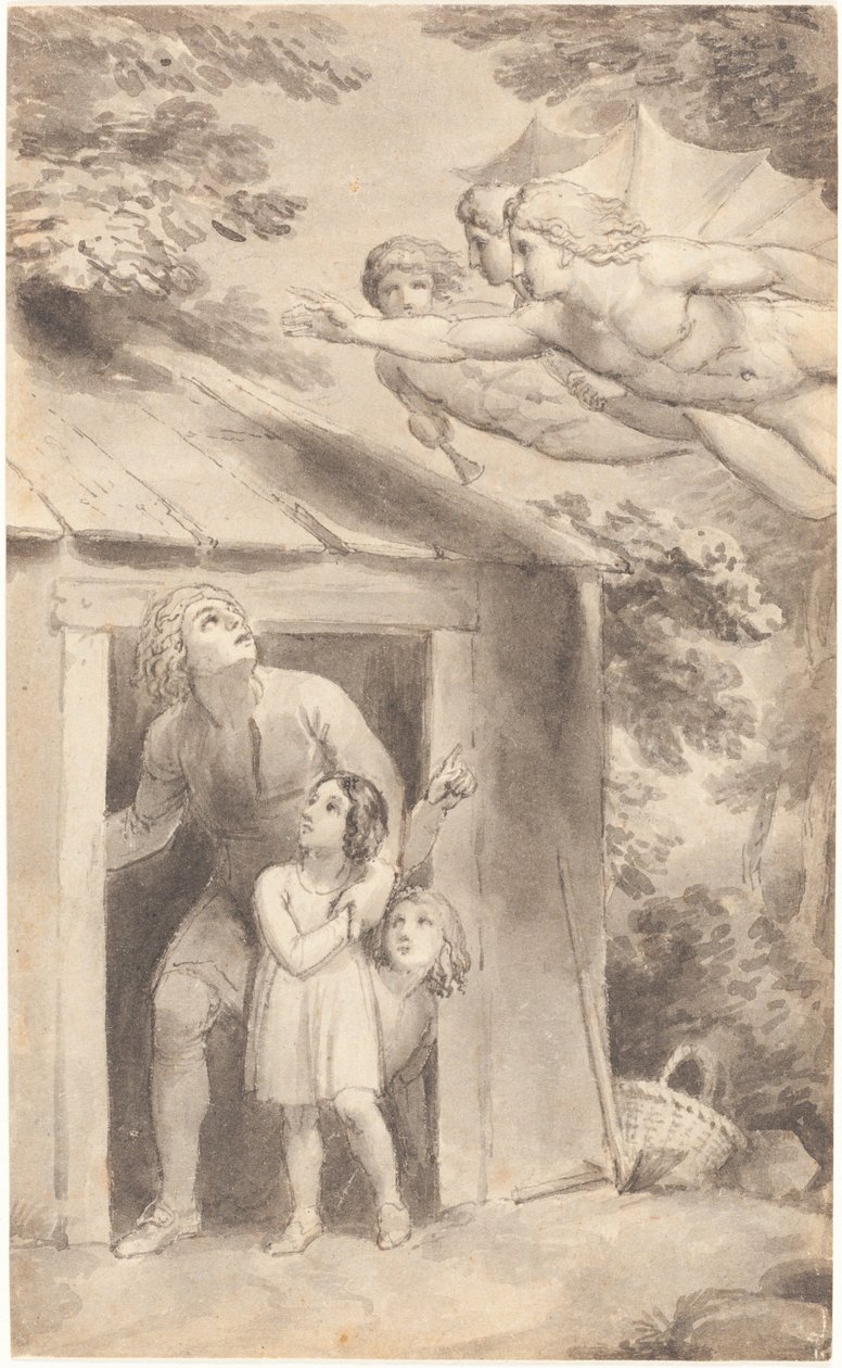 Piotra i jego dzieci odwiedzają trzy latające postacie autorstwa Thomas Stothard