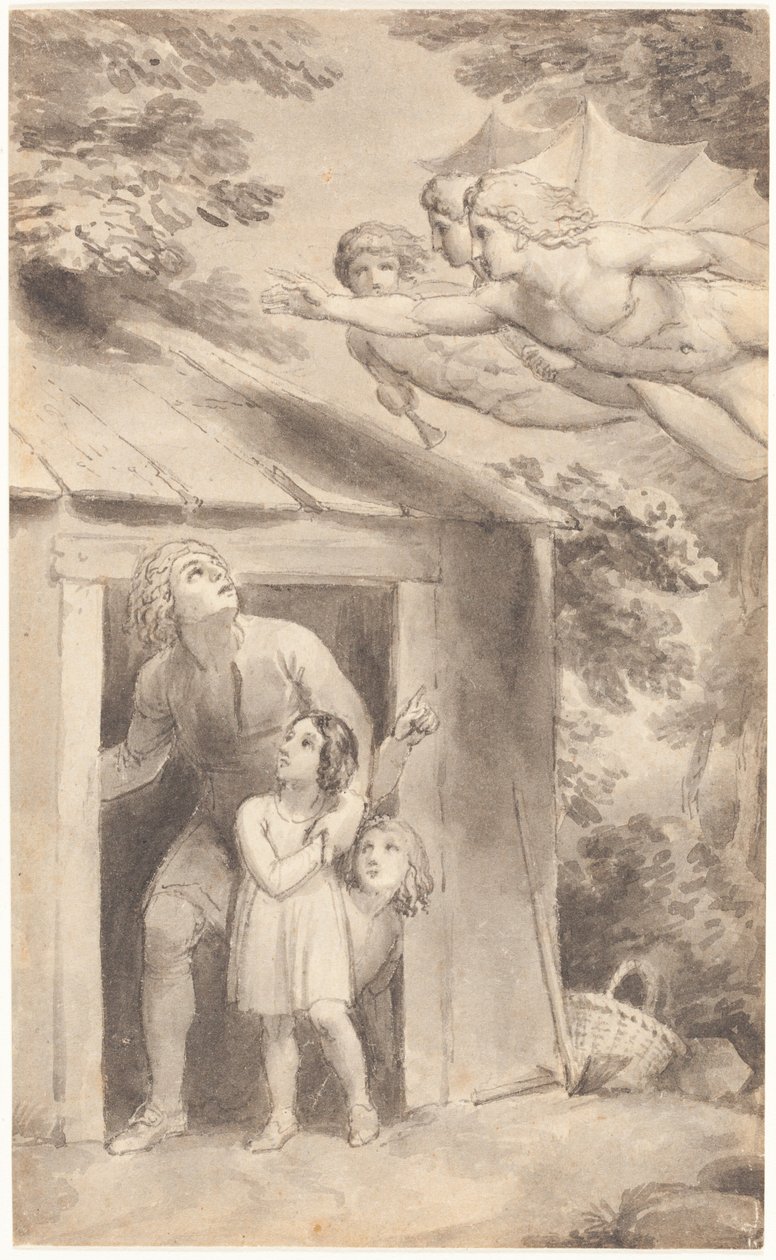 Piotr i jego dzieci odwiedzeni przez trzy latające postacie autorstwa Thomas Stothard