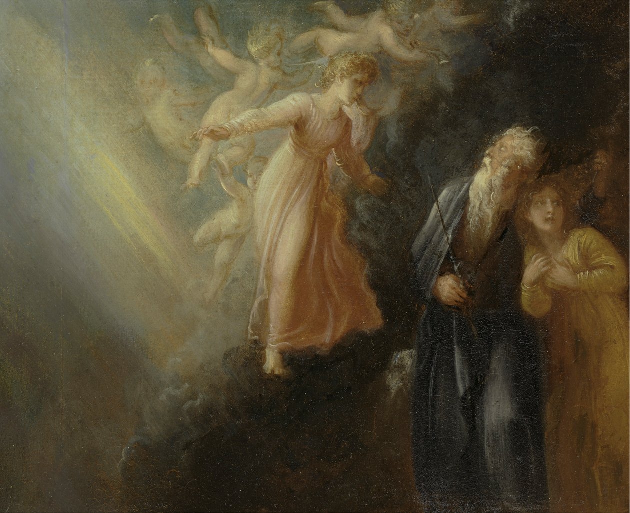Prospero, Miranda i Ariel z „Burzy”, akt I, scena II autorstwa Thomas Stothard