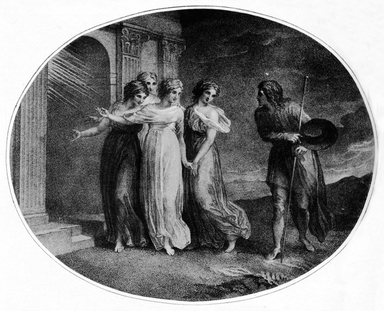 Roztropność, pobożność, miłość i dyskrecja zapraszają chrześcijanina do Pałacu Pięknego, 1789, 1912 autorstwa Thomas Stothard