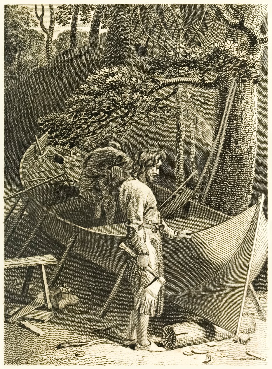 Robinson Crusoe i Piętaszek robiący łódkę" z książki Daniela Defoe "Życie i dziwne, zaskakujące przygody Robinsona Crusoe, czyli Yorka, marynarza". autorstwa Thomas Stothard