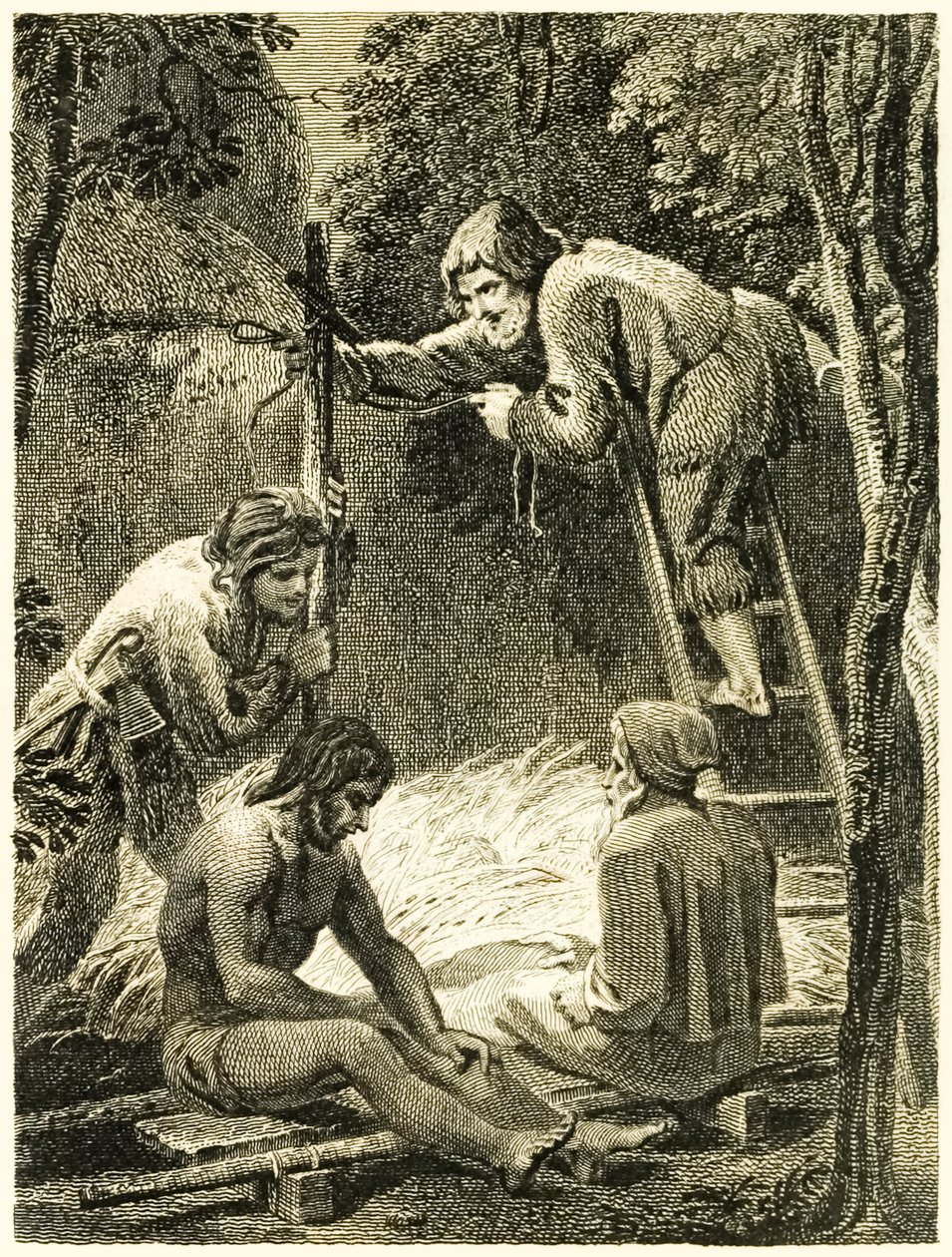 Robinson Crusoe i Piętaszek robiący namiot, by złożyć w nim ojca Piętaszka i Hiszpana? z książki Daniela Defoe "Życie i dziwne, zaskakujące przygody Robinsona Crusoe, czyli Yorka, marynarza". autorstwa Thomas Stothard