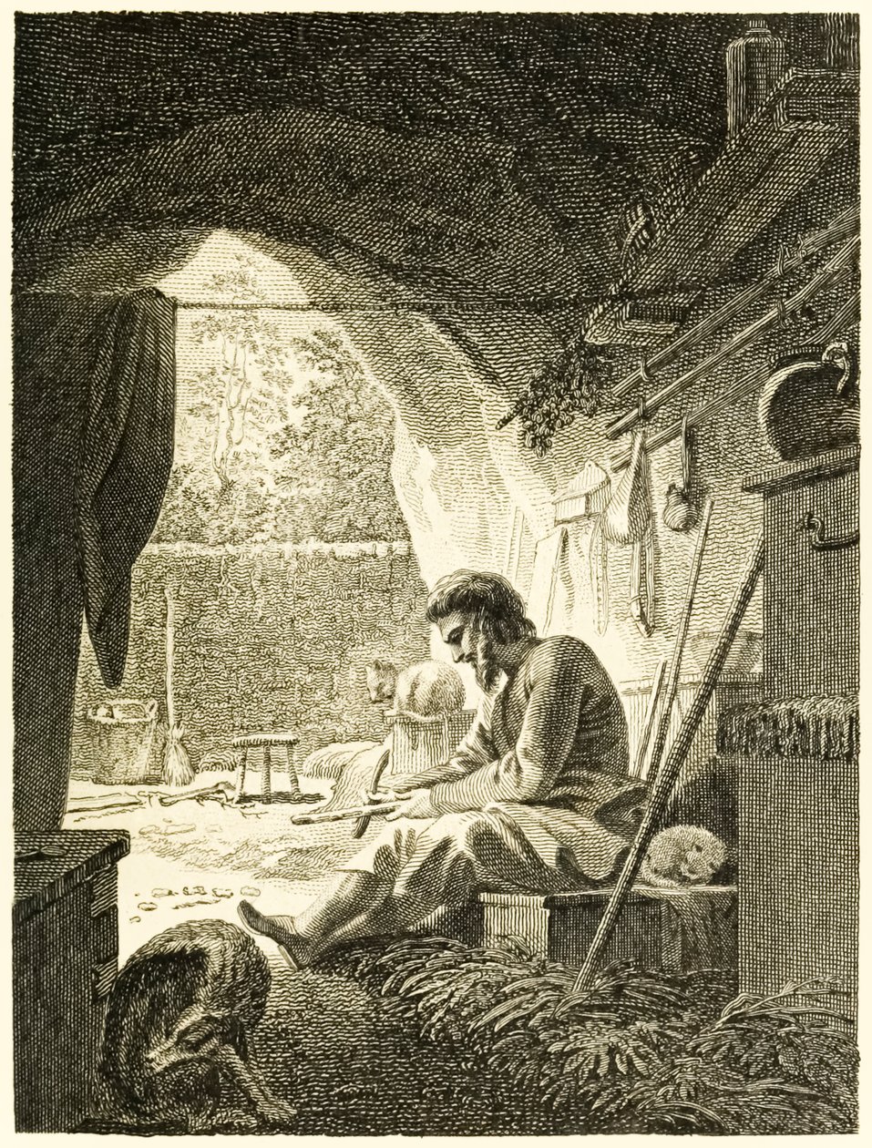 – Robinson Crusoe przy pracy w swojej jaskini? z filmu „Życie i dziwne zaskakujące przygody Robinsona Crusoe” czy „York, Mariner”? autor: Daniel Defoe autorstwa Thomas Stothard