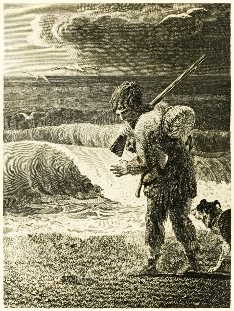 Robinson Crusoe odkrywa odcisk ludzkiej stopy? z książki Daniela Defoe "Życie i dziwne, zaskakujące przygody Robinsona Crusoe, czyli Yorka, marynarza". autorstwa Thomas Stothard