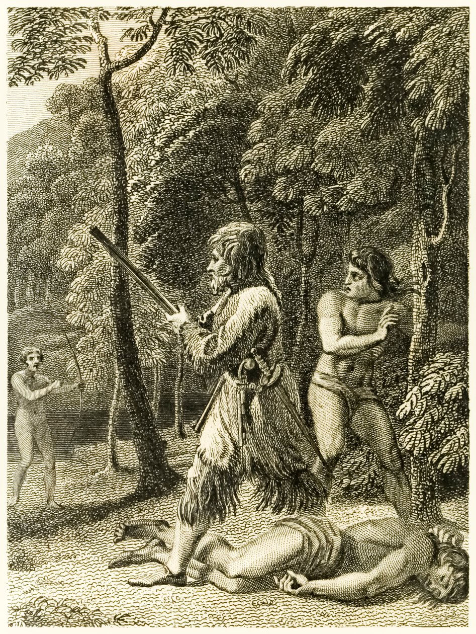 Robinson Crusoe po raz pierwszy widzi i ratuje swojego człowieka Piętaszka? z książki Daniela Defoe "Życie i dziwne, zaskakujące przygody Robinsona Crusoe, czyli Yorka, marynarza". autorstwa Thomas Stothard