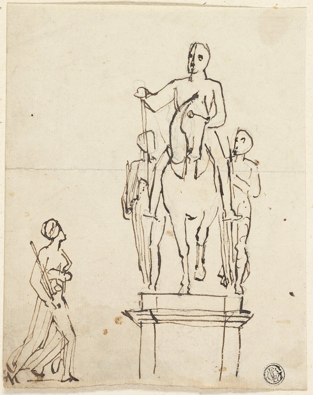 Rzeźba jeźdźca w towarzystwie dwóch stojących postaci, ze szkicem jednej z ostatnich autorstwa Thomas Stothard