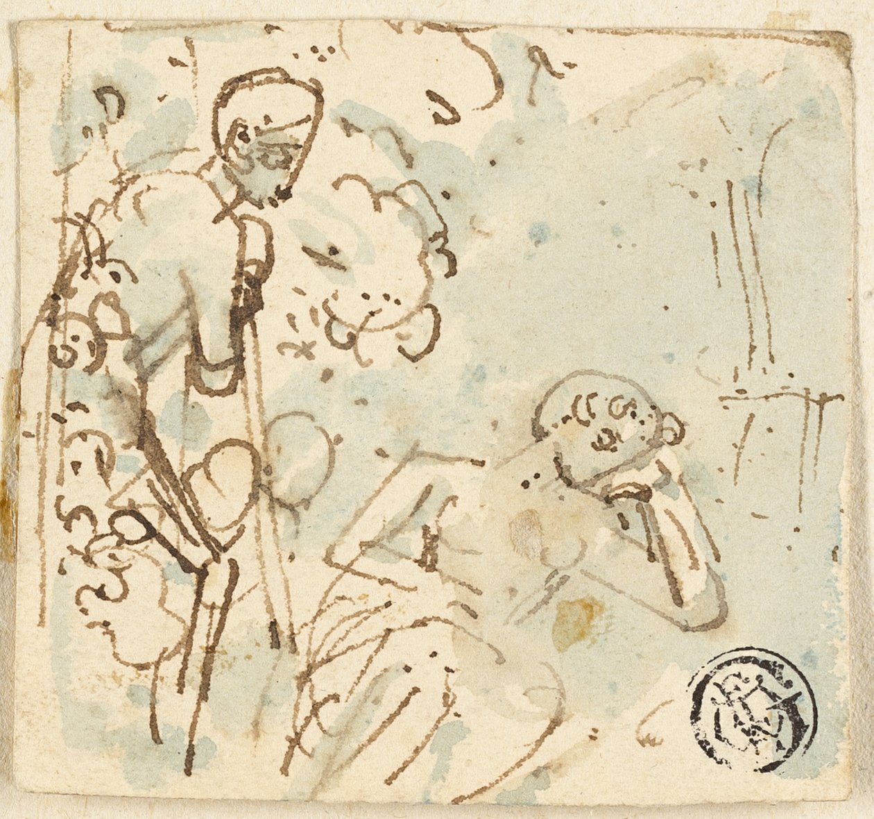 Szkic mężczyzny opartego na kiju, patrzącego na śpiącą kobietę autorstwa Thomas Stothard