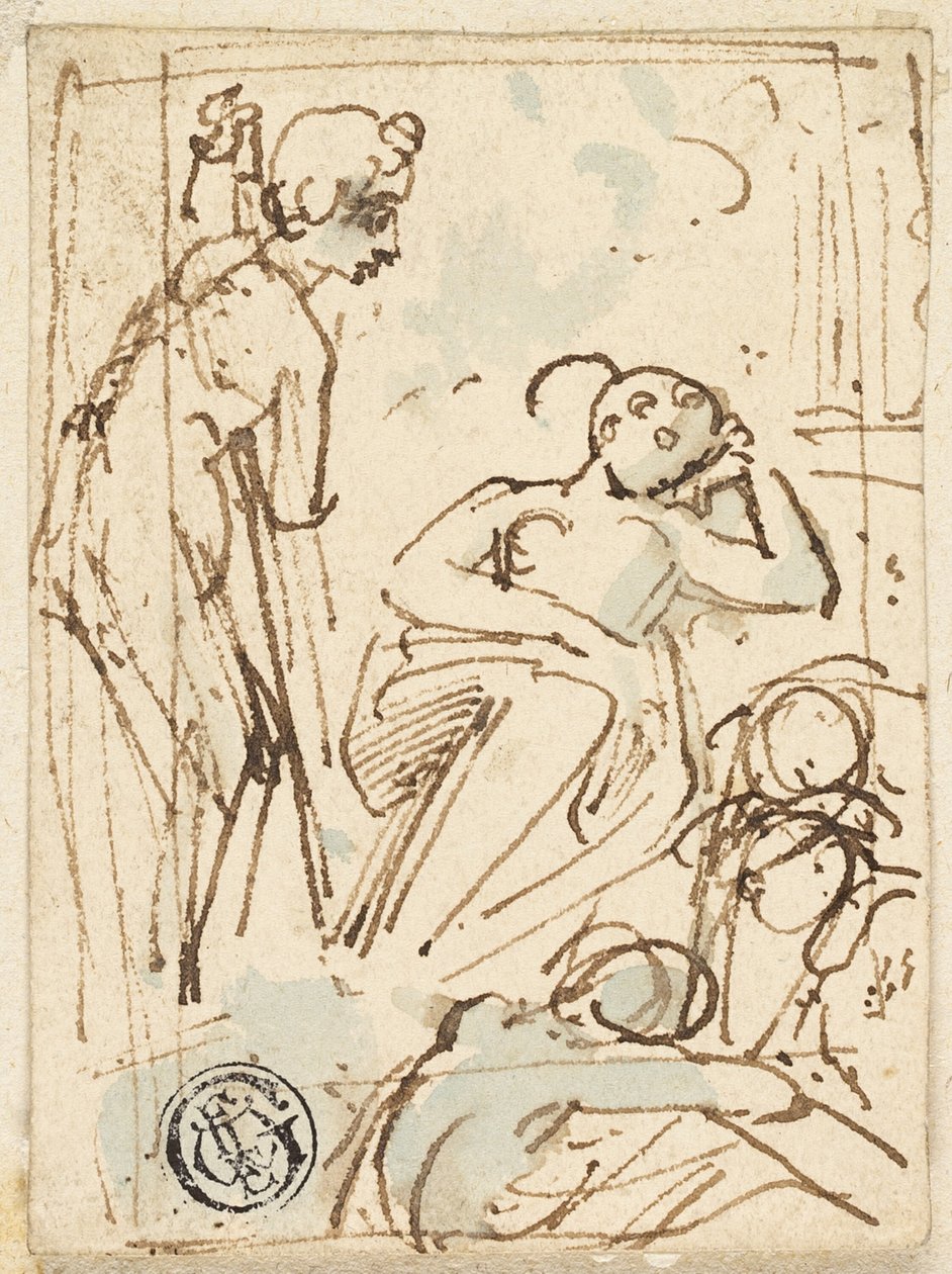Szkic mężczyzny opartego na kiju, patrzącego na śpiącą kobietę autorstwa Thomas Stothard