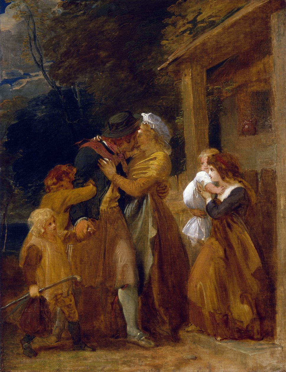 Powrót marynarza, łączącego się z rodziną na progu swojej chaty. Olej na płótnie autorstwa Thomas Stothard