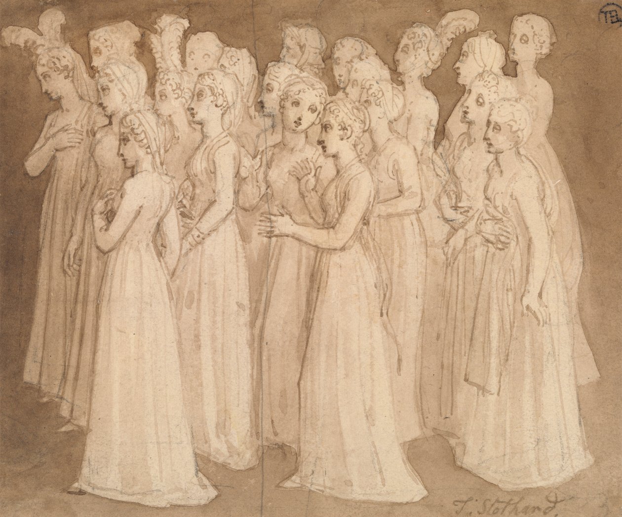 Dwadzieścia młodych dziewcząt w grupie idącej w lewo autorstwa Thomas Stothard