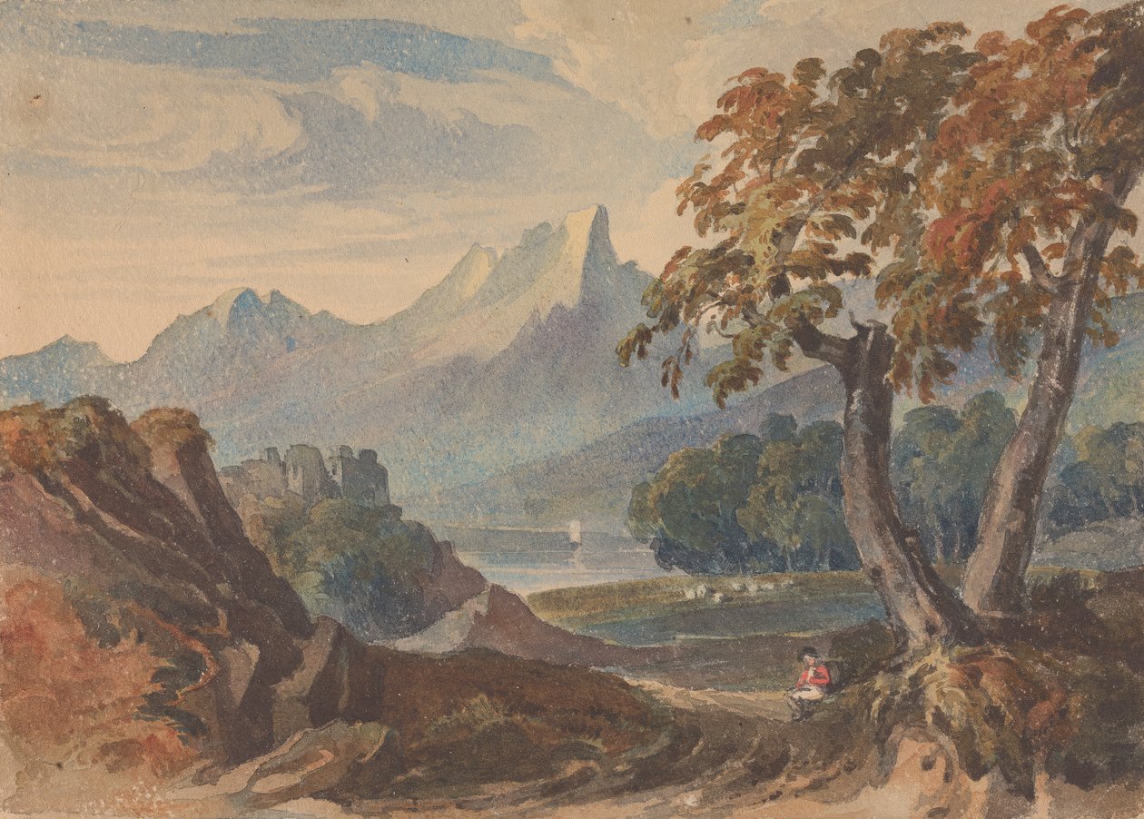 Krajobraz z górami, zamek nad jeziorem, siedząca postać na pierwszym planie autorstwa Thomas Sully