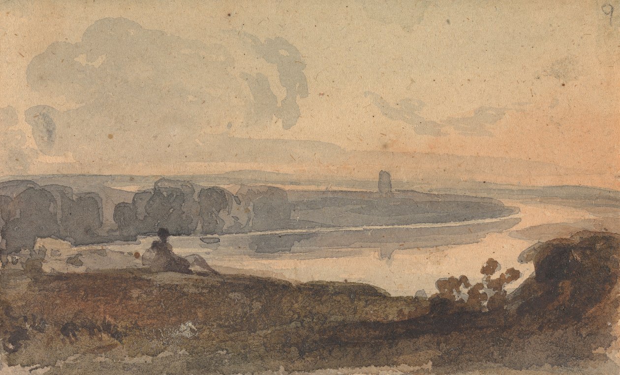 Krajobraz, z wijącą się rzeką, postać na wzgórzu na pierwszym planie autorstwa Thomas Sully