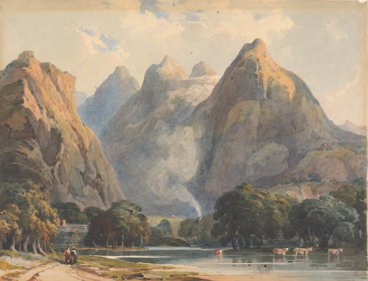 Scena górska ze strumieniem, krowami i postaciami autorstwa Thomas Sully
