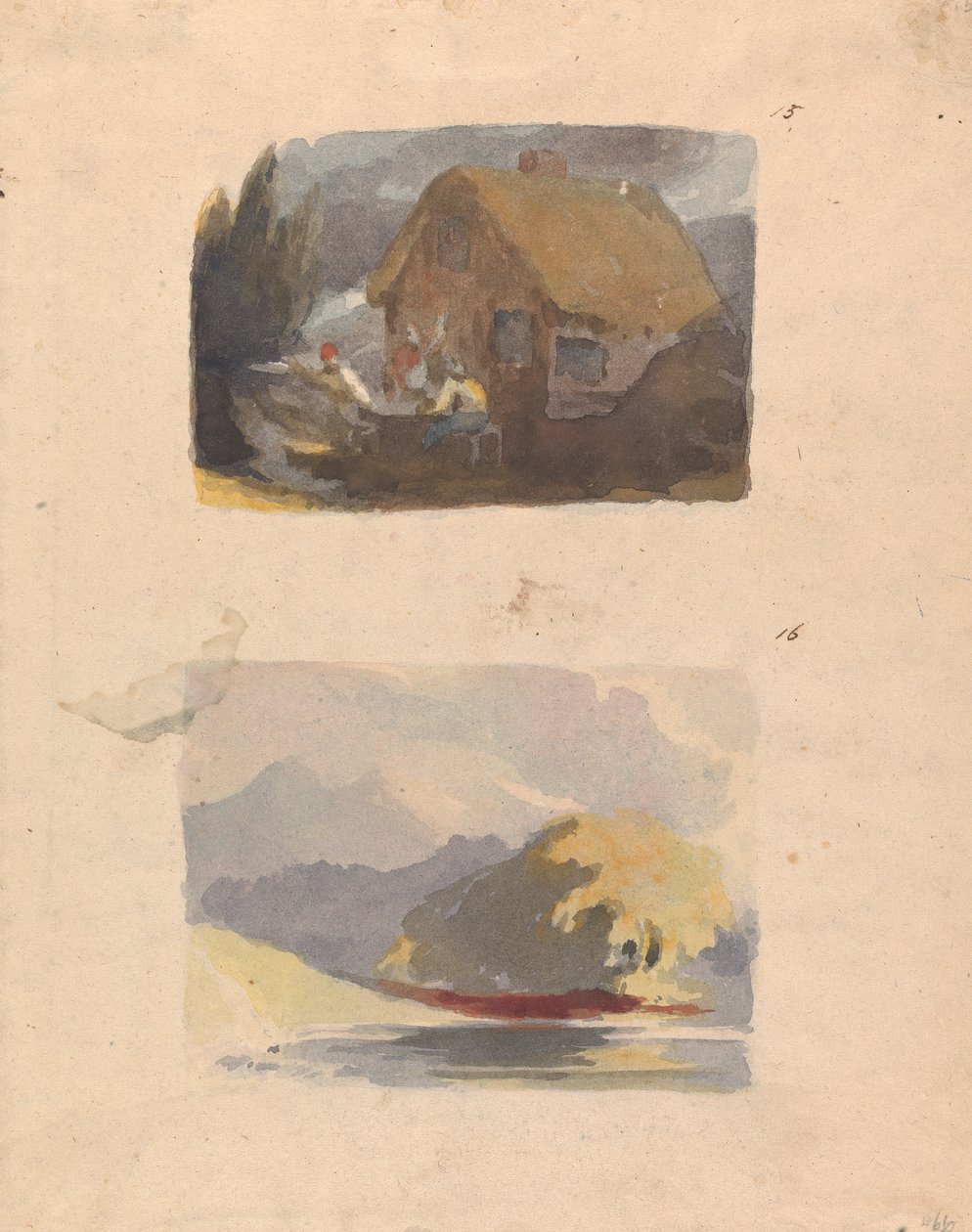 Dwa rysunki na jednej kartce: Chałupa z postaciami z przodu (nr 15); Krajobraz z rzeką i górami - Słońce (nr 16) autorstwa Thomas Sully