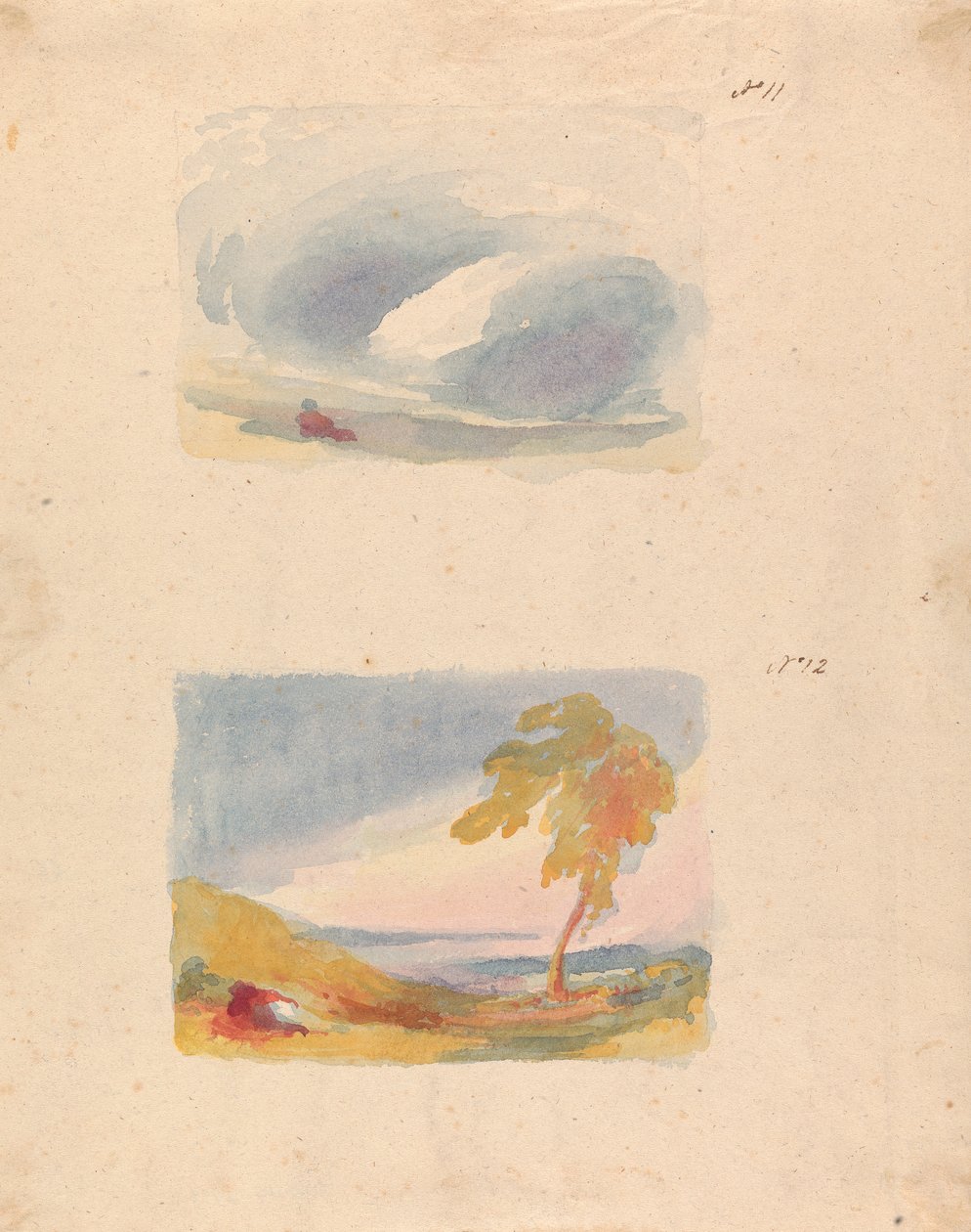 Dwa rysunki na jednej kartce: Studium nieba - zasada Turnera (nr 11); Krajobraz ze wzgórzami i drzewami (nr 12) autorstwa Thomas Sully