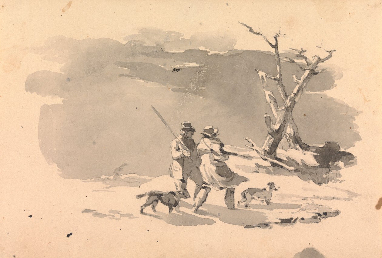 Dwóch myśliwych i dwa psy w scenie zimowej autorstwa Thomas Sully