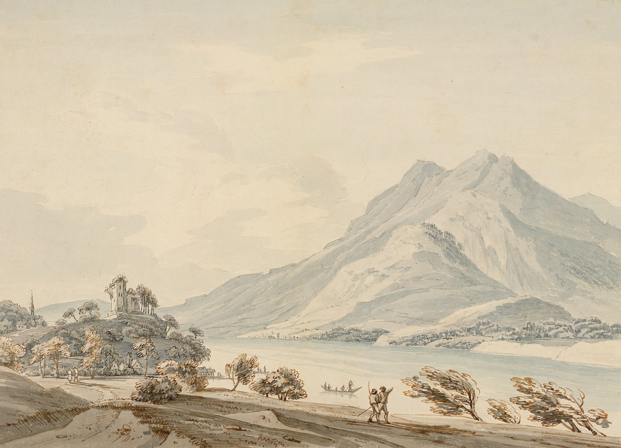 Góra Rigi i starożytny zamek Hapsbourg nad Jeziorem Czterech Kantonów (wc nad grafitem na papierze) autorstwa Thomas Sunderland