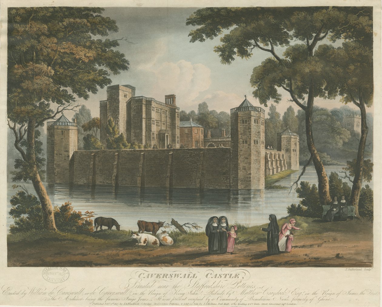 Zamek Caverswall: kolorowa grawerunek akwatinty, 1 lutego 1817 r. autorstwa Thomas Sutherland