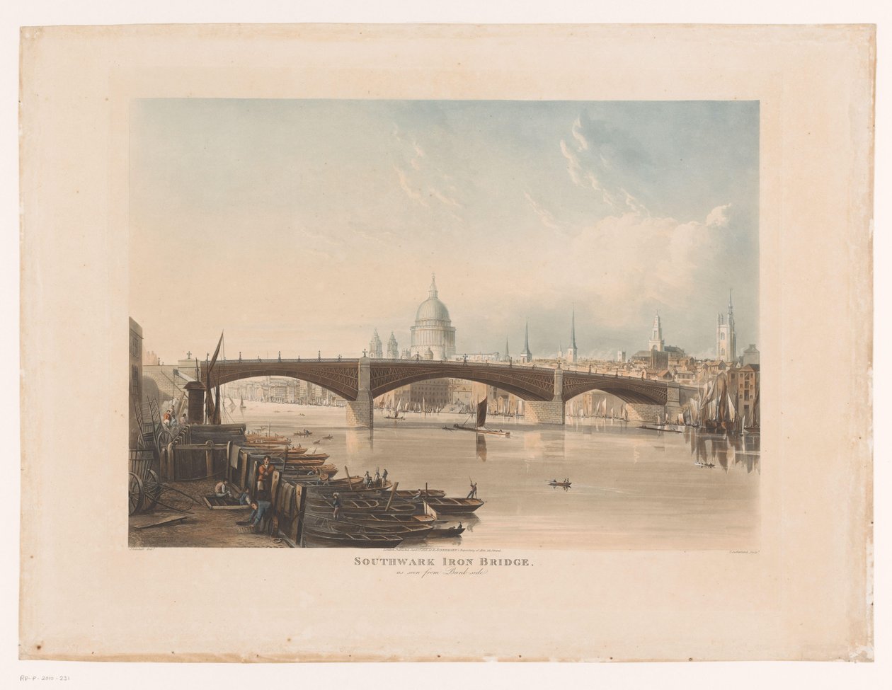 Widok na żelazny most Southwark, Londyn Southwark Iron Bridge, widziany od strony Bank-Side (tytuł na obiekcie) autorstwa Thomas Sutherland