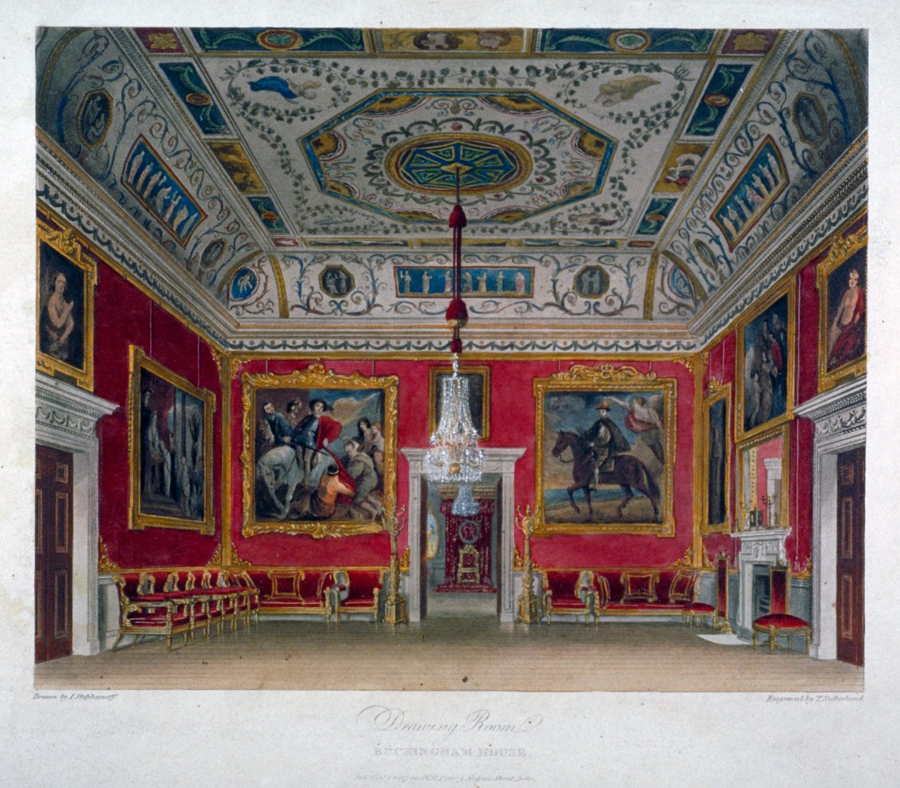 Widok wnętrza salonu w Buckingham House, Westminster, Londyn, 1817 autorstwa Thomas Sutherland