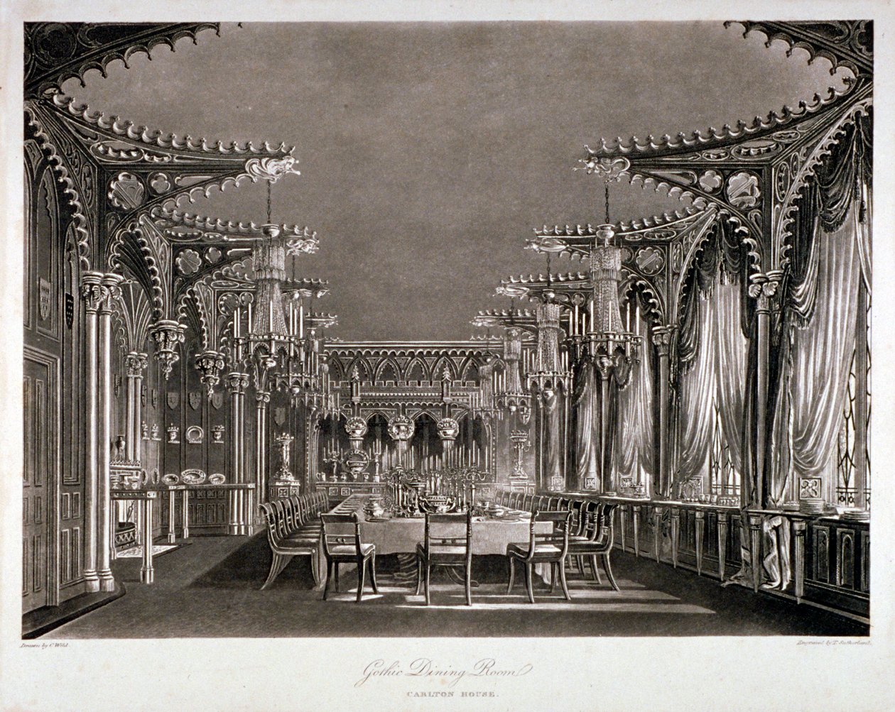 Widok wnętrza gotyckiej jadalni w Carlton House, Westminster, Londyn, 1819 autorstwa Thomas Sutherland