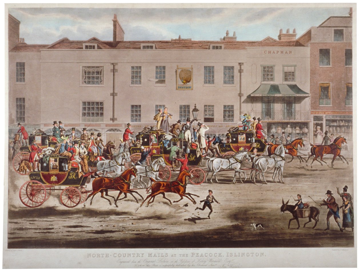 Wagony pocztowe przed Peacock Inn na Islington High Street, Londyn, 1823. autorstwa Thomas Sutherland
