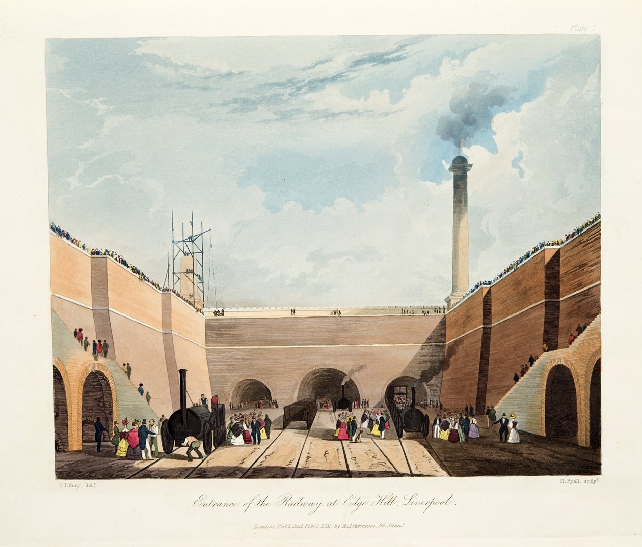 Wejście do linii kolejowej w Edge Hill, Liverpool, 1831 (ręcznie kolorowane grawerowanie) autorstwa Thomas Talbot Bury
