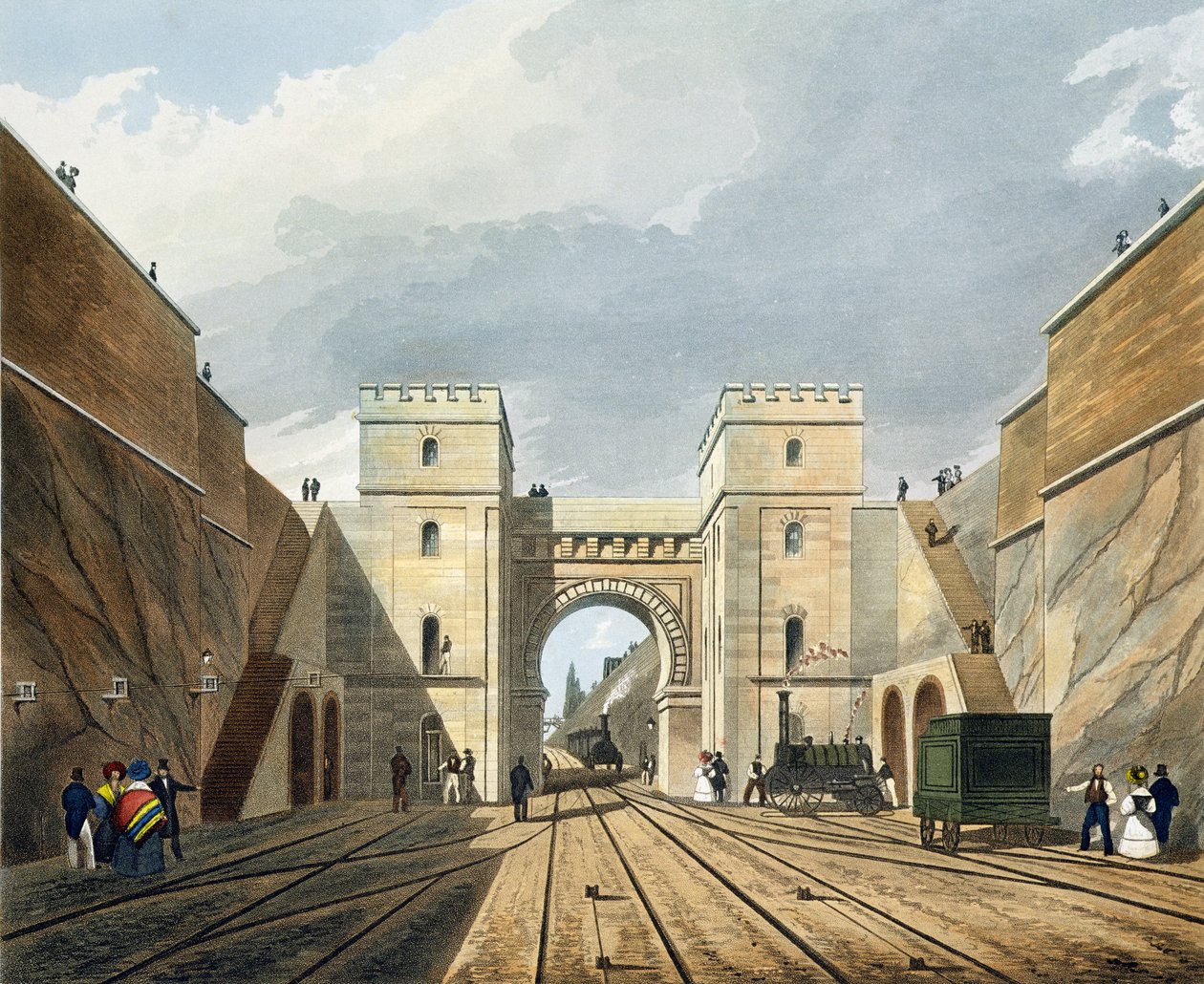 Moorish Arch, patrząc od strony tunelu, tablica 10 z "Liverpool and Manchester Railway", wyryte przez S.G. Hughes, opublikowane przez R. Ackermann, 1831 autorstwa Thomas Talbot Bury