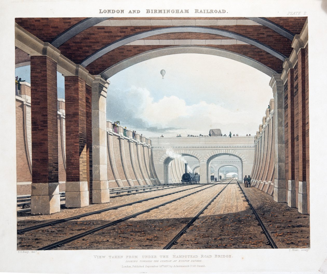 Widok z mostu Under the Hampstead Road, w kierunku stacji na Euston Square, 1837 (ręcznie kolorowy grawerunek) autorstwa Thomas Talbot Bury