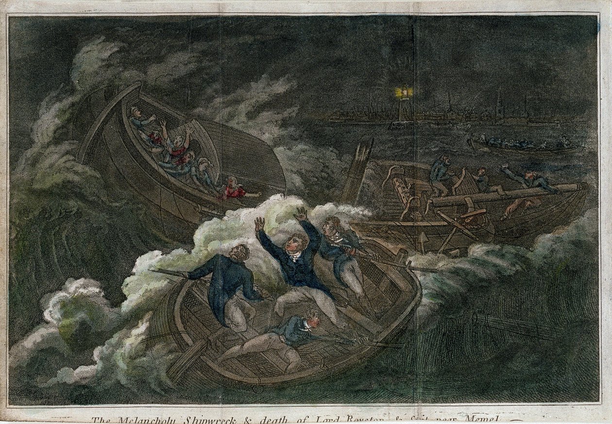 Melancholijna katastrofa statku i śmierć lorda Roystona. Litografia (17,5 x 25,8 cm), wydanie londyńskie (Anglia), Thomas Tegg (1808). Sztuka angielska autorstwa Thomas Tegg