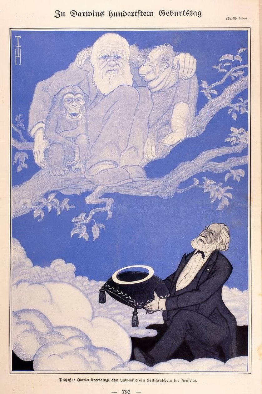 1909 Karykatura Darwin, małpy, Haeckel autorstwa Thomas Theodor Heine