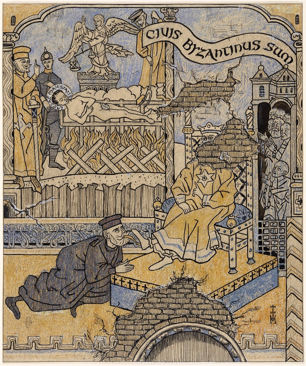 Odnaleziony mural w Pałacu Sprawiedliwości w Bizancjum; Simplicissimus V/34 autorstwa Thomas Theodor Heine