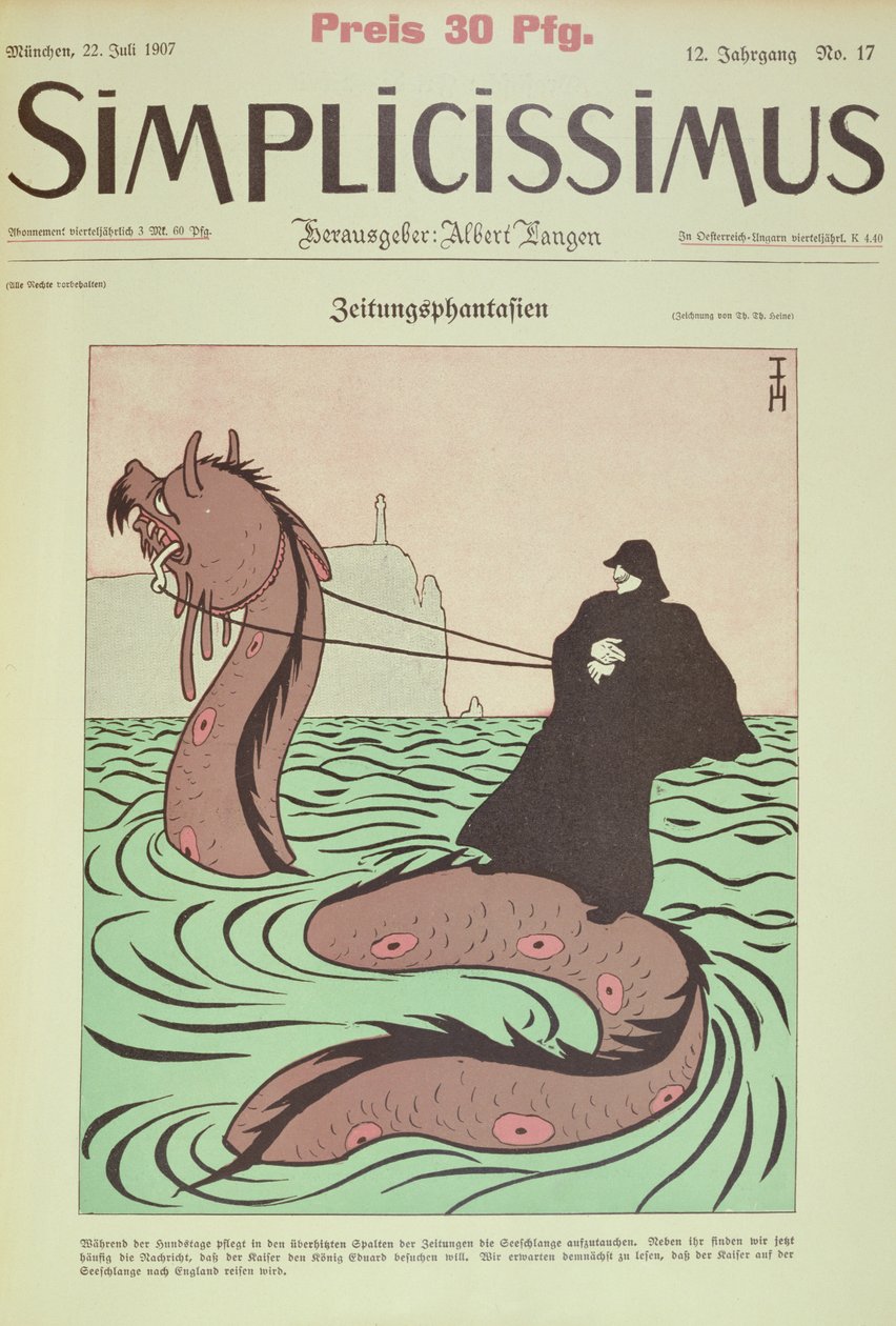Kaiser cavalga a Serpente do Mar para a Inglaterra, capa Ilustração de Simplicissimus Polish autorstwa Thomas Theodor Heine
