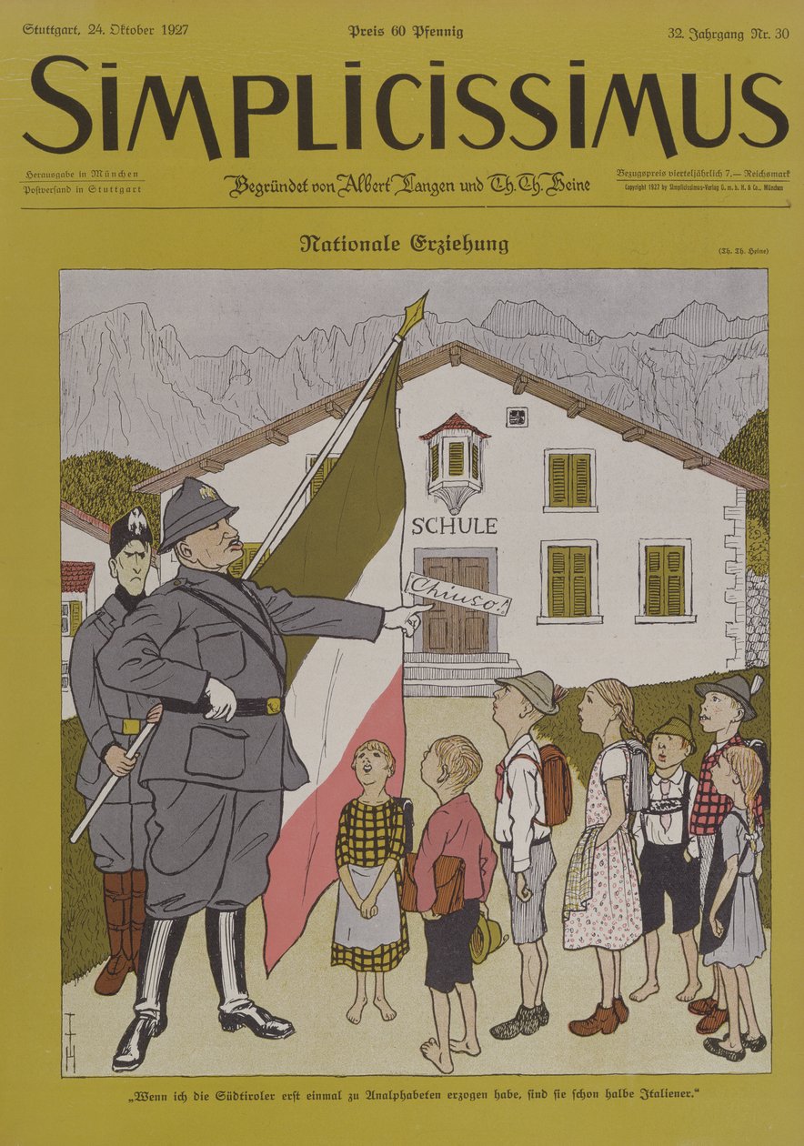 Mussolini (1883-1945) i włoski Tyrol, rysunek z magazynu „Simplicissimus”, 24 października 1924 (litografia kolorowa) autorstwa Thomas Theodor Heine