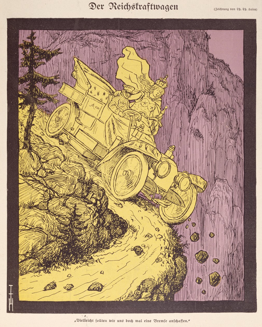 Samochód Cesarstwa Niemieckiego prowadzony przez Wilhelma II (1859-1941) ilustracja z okładki „Simplicissimus” 1907 (litografia kolorowa) autorstwa Thomas Theodor Heine