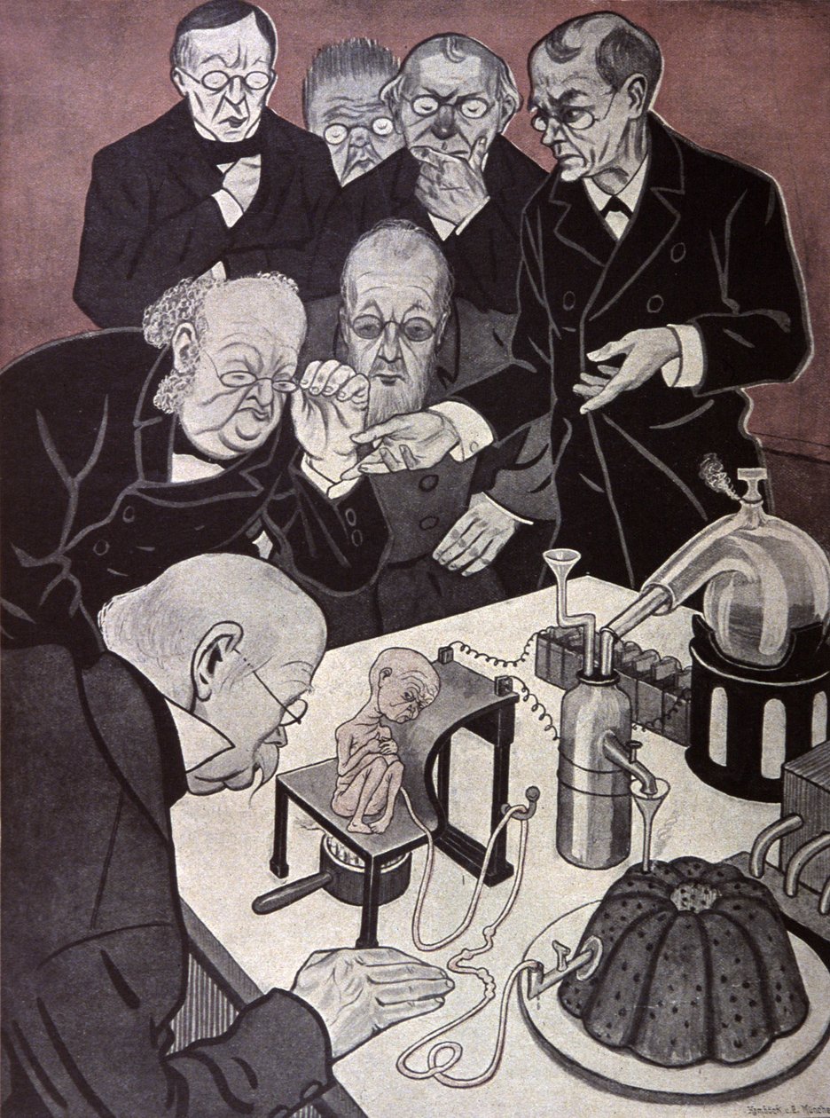 Homunkulus (miniaturowe, choć w pełni uformowane ciało ludzkie). Ilustracja autorstwa Th.Th. Heine w: Simplicissimus, Niemcy, ok. 1900 (litografia) autorstwa Thomas Theodor Heine