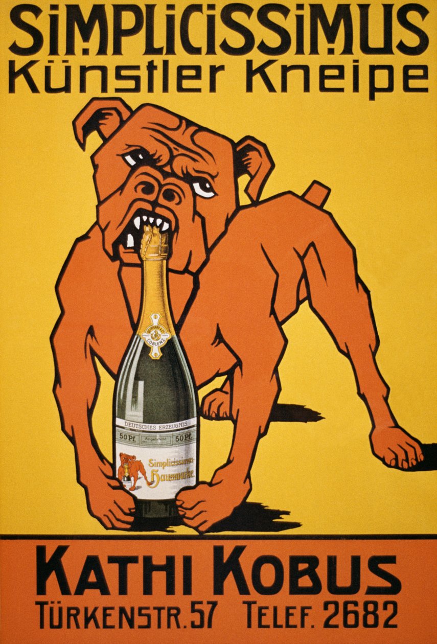 Vintage plakat buldoga gryziejącego butelkę szampana (plakat) autorstwa Thomas Theodor Heine