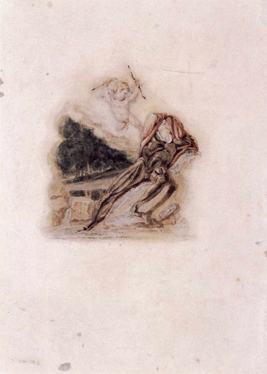 „Amorek i kochanek opłakujący śmierć ukochanej osoby”, ok. 1802-c1857. autorstwa Thomas Uwins