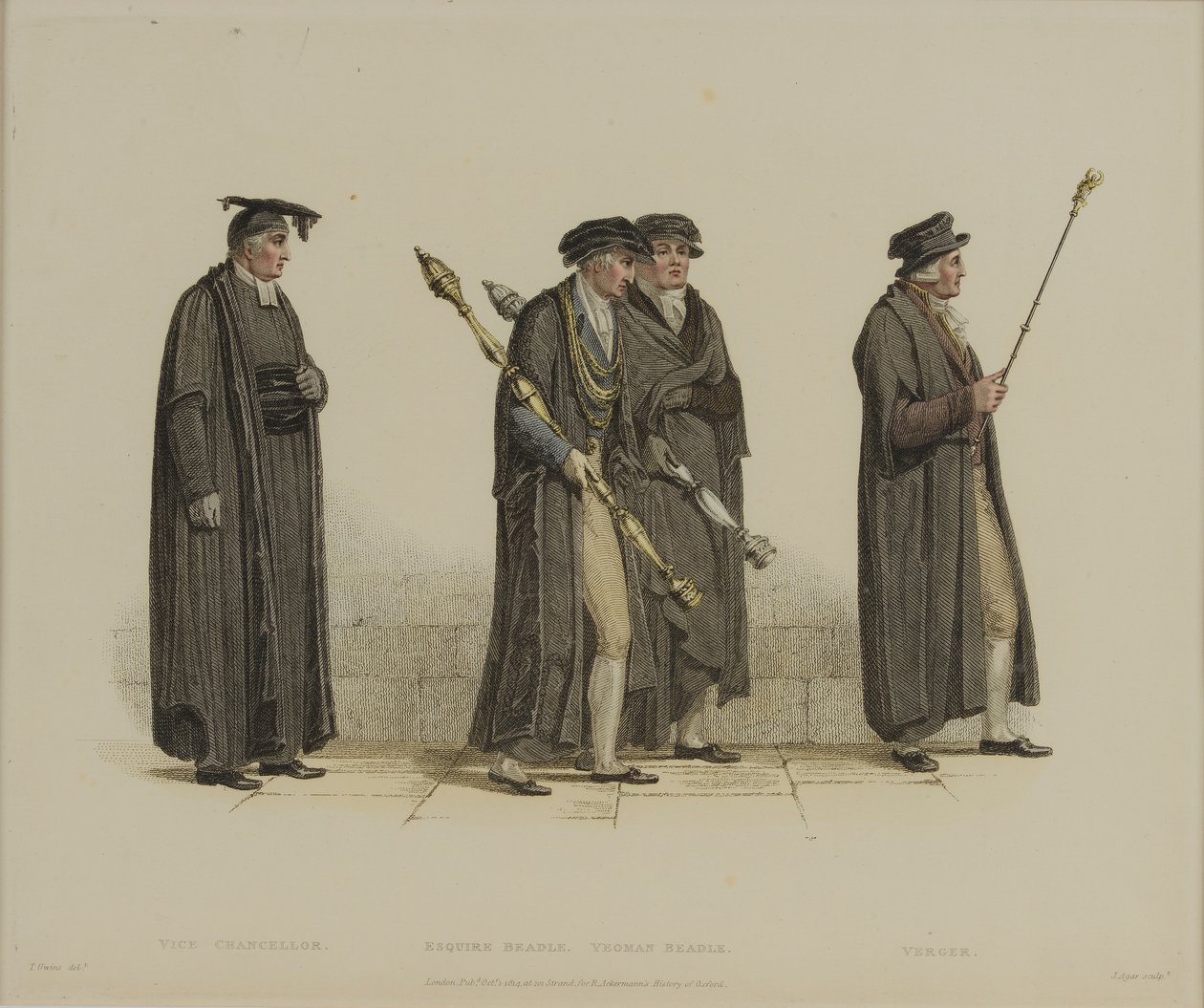 Wicekanclerz, Esquire Beadle, Yeoman Beadle, Verger, rycina J. Agar, opublikowana w „History of Oxford” R. Ackermanna, 1813 (rycina ręcznie kolorowana) autorstwa Thomas Uwins