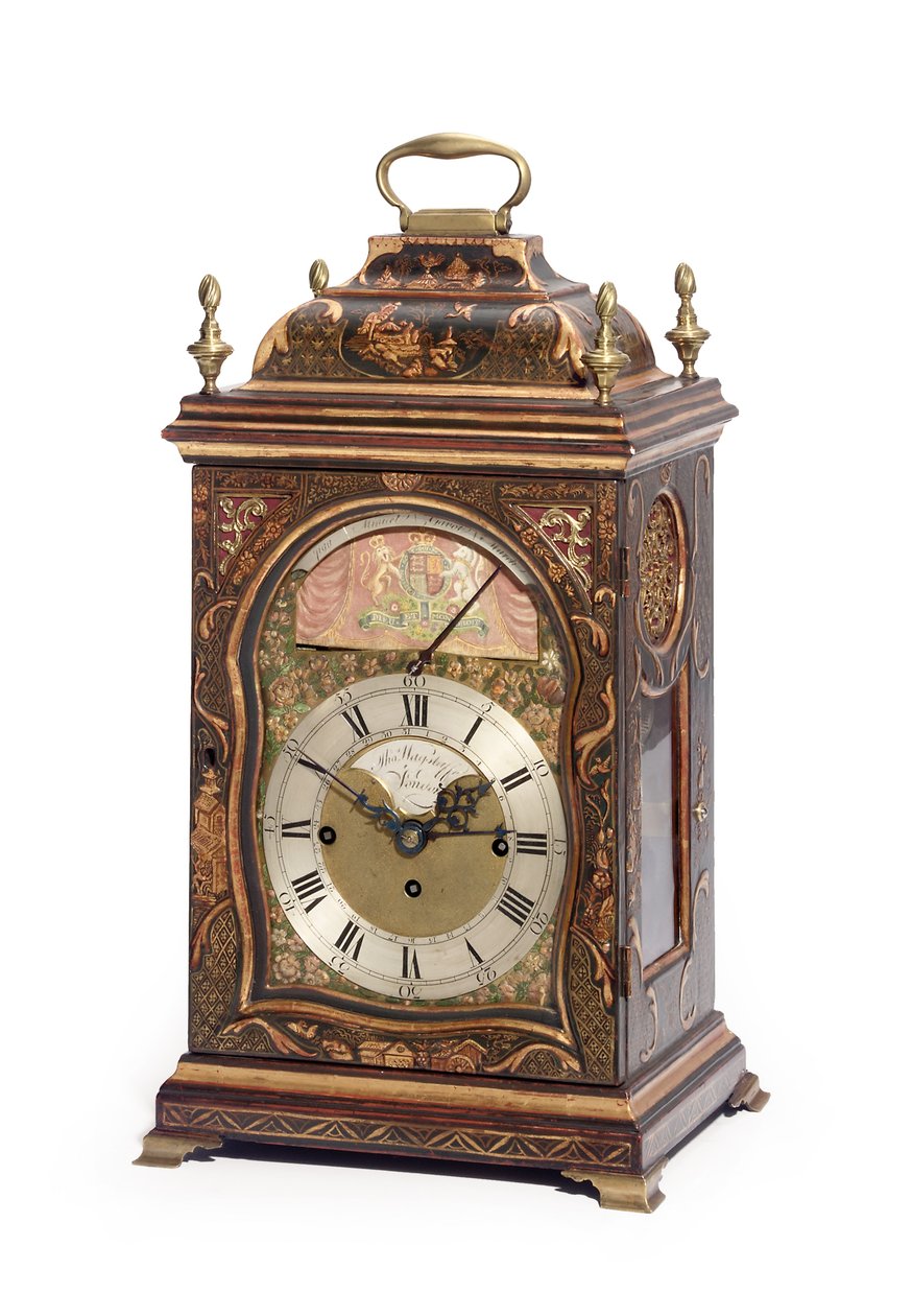 Zielony i złocony japoński zegar stołowy George III z automatem muzycznym, przedstawiający pochód burmistrza, ok. 1780 (drewno, mosiądz i lakier) (patrz także 491786-7) autorstwa Thomas Wagstaff or Wagstaffe