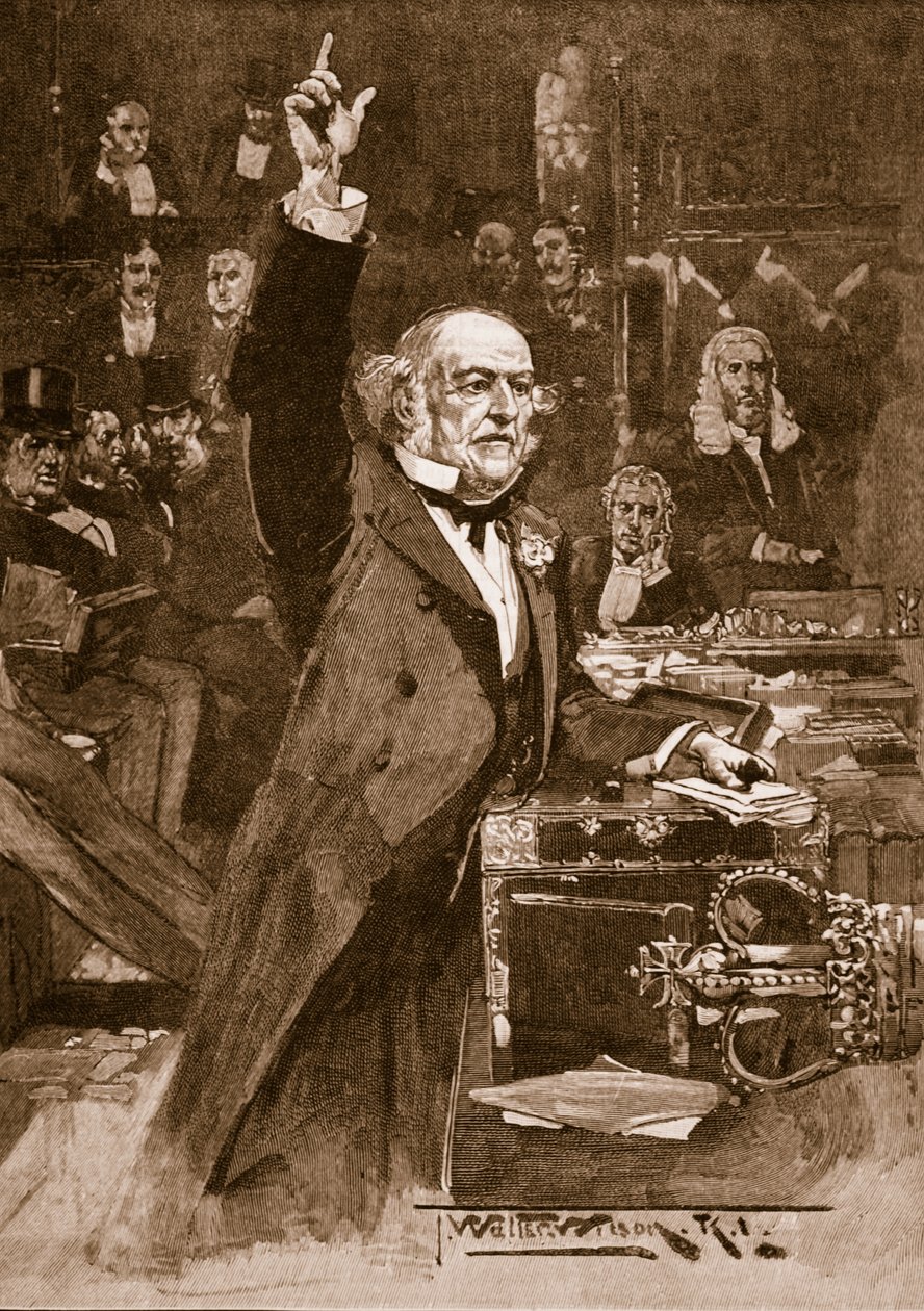Wprowadzenie ustawy o zasadach panujących w domu: Pan Gladstone wygłasza swoje przemówienie, 1886, ilustracja z „Ilustrowanej historii Anglii Cassella” (zdjęcie w sepii) autorstwa Thomas Walter Wilson