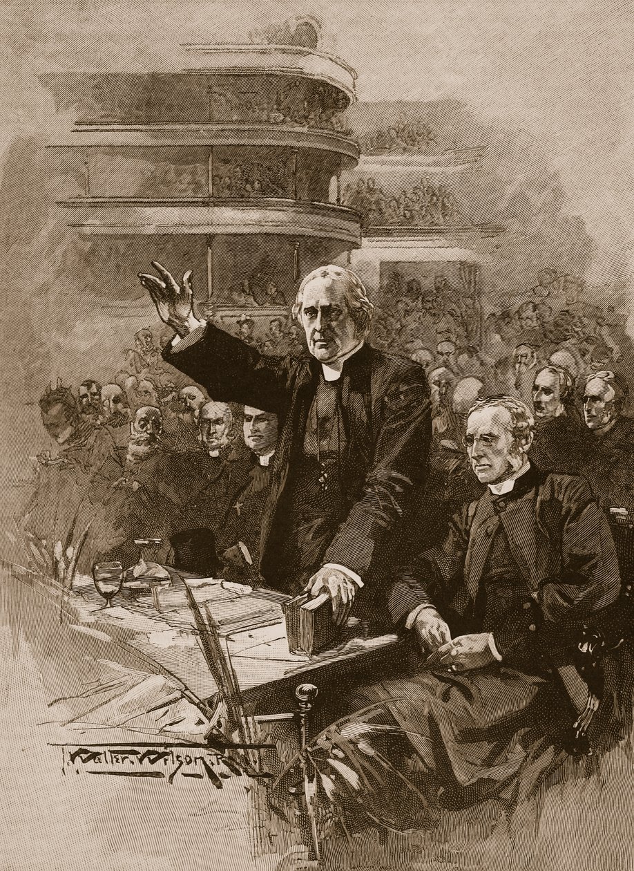 Arcybiskup Canterbury podczas demonstracji w Royal Albert Hall, 1893, ilustracja z „Ilustrowanej Historii Anglii Cassella” (zdjęcie w sepii) autorstwa Thomas Walter Wilson