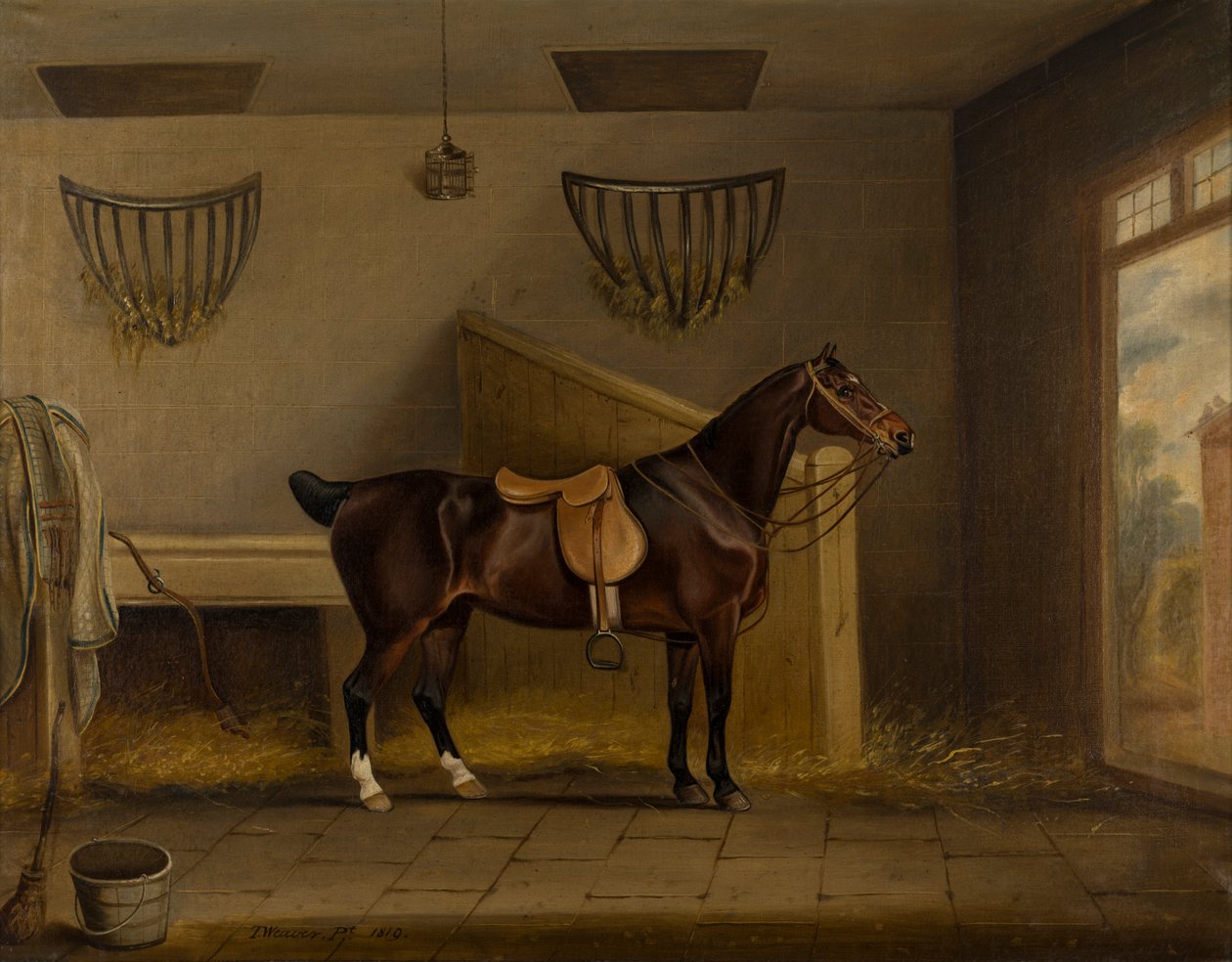 Osiodłany Bay Hunter w stajni, ok.1819 (olej na płótnie) autorstwa Thomas Weaver